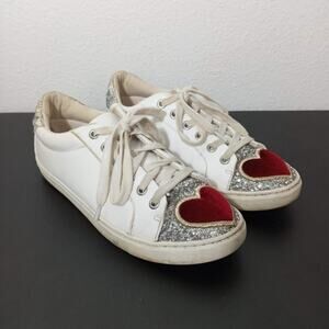 Betsey Johnson Sneakers Velvet Heart Blair SZ 7.5 White Silver Glitter Lace Up